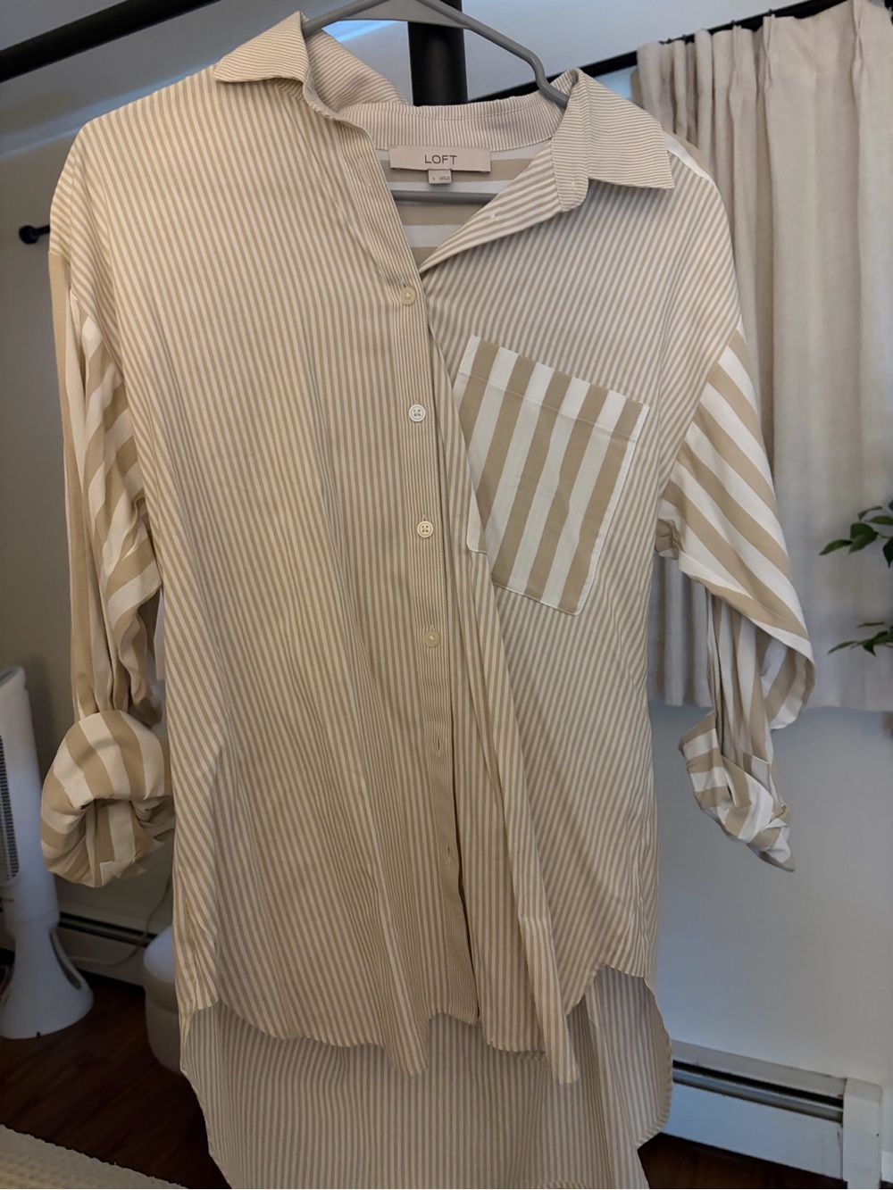 LOFT Beige and White Striped Collared Blouse